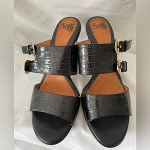Sofft Black Croc-Embossed Double Strap Heeled Sandals